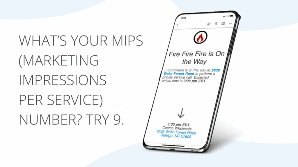 Graphic: 'what's your mips (marketing impressions per service) number? Try 9' with a phone notification