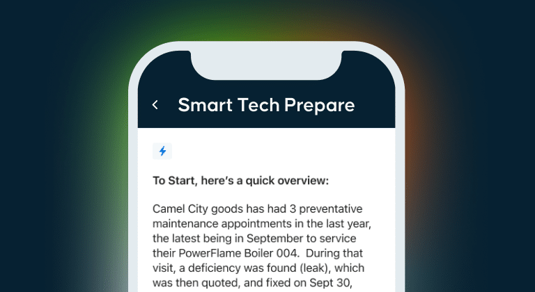 ServiceTrade Smart Tech Prepare AI-powered technician job summary screen in mobile app