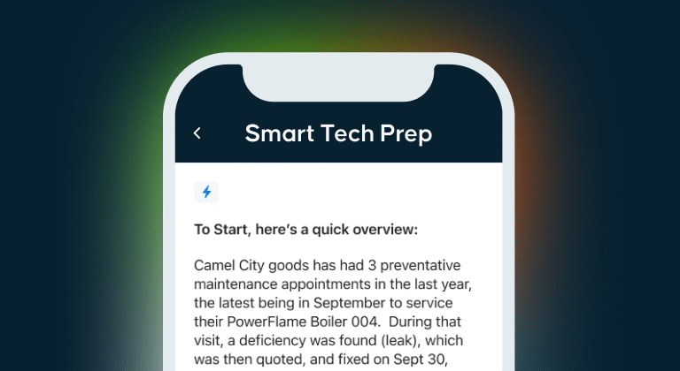 ServiceTrade Smart Tech Prepare AI-powered technician job summary screen in mobile app