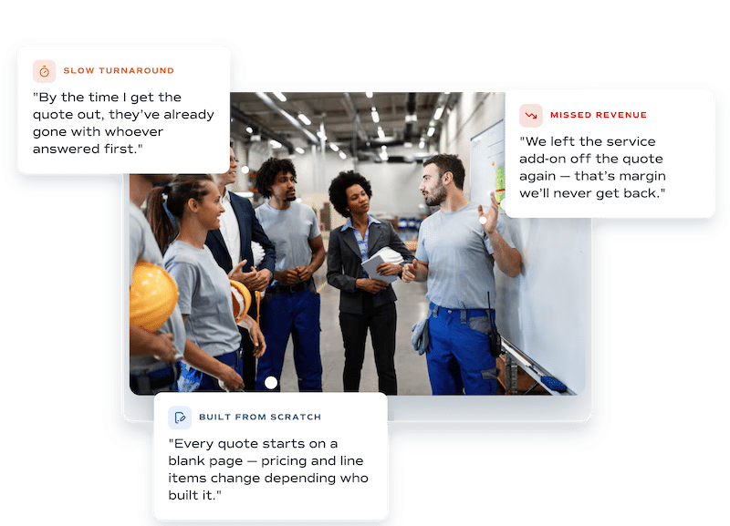 A photo of people with mocked up conversation bubbles describing issues with job quotes in business