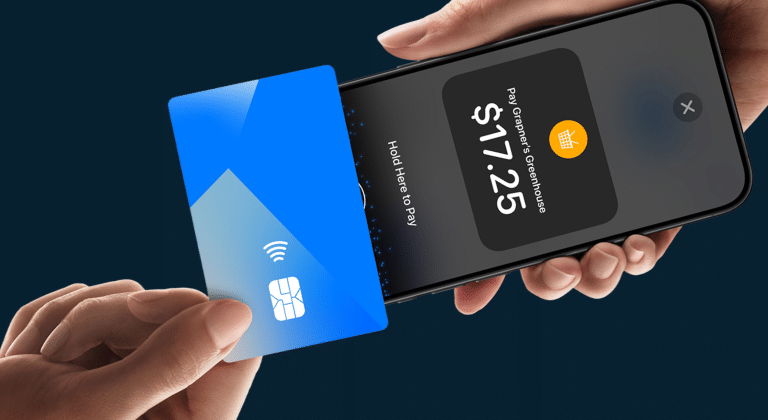 A stylized card tapping a mobile device on a dark background