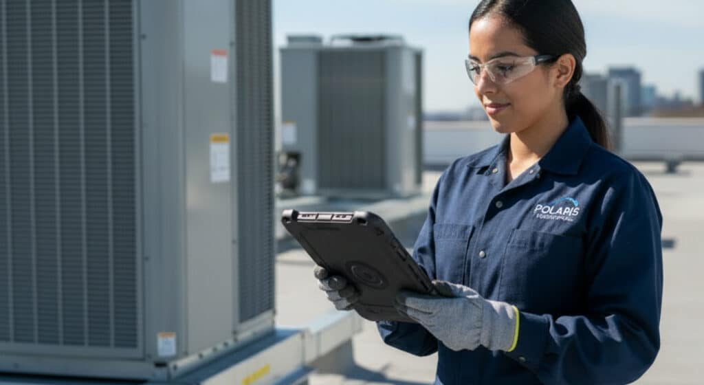 Woman at a job site managing an asset in ServiceTrade app